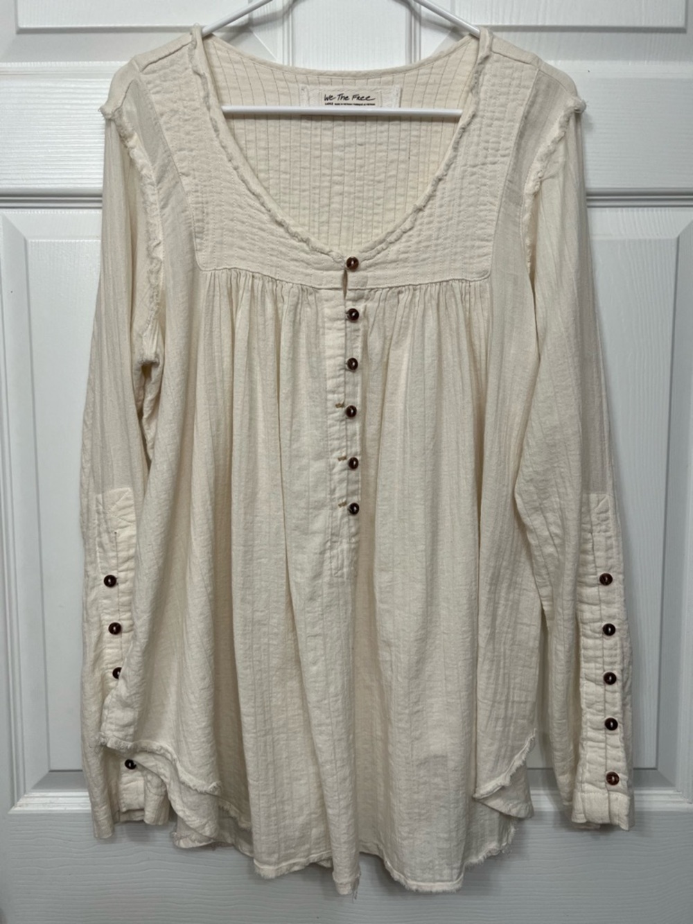 Free People We The Free Sand Dune Henley Top Ivory Large EUC Boho Gauze